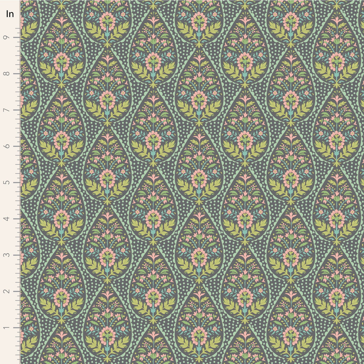 A fabric with a floral and geometric pattern in shades of grey, green, and pink.
Photo by Tildafabrics.com [image_link]