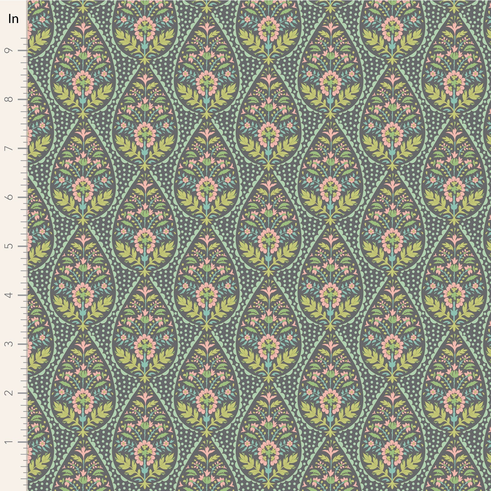 A fabric with a floral and geometric pattern in shades of grey, green, and pink.
Photo by Tildafabrics.com [image_link]