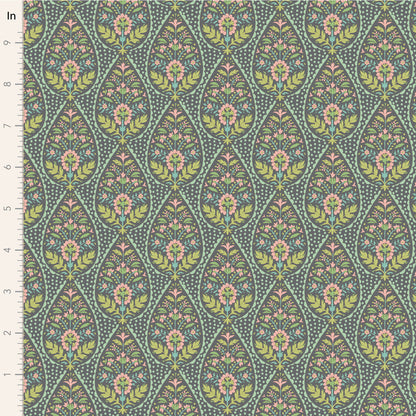 A fabric with a floral and geometric pattern in shades of grey, green, and pink.
Photo by Tildafabrics.com [image_link]