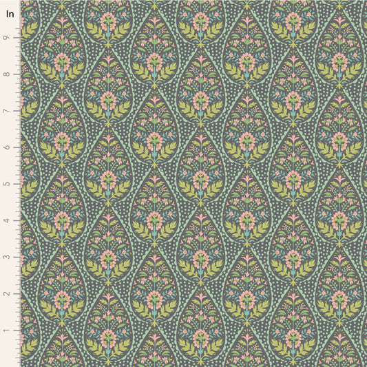 A fabric with a floral and geometric pattern in shades of grey, green, and pink.
Photo by Tildafabrics.com [image_link]