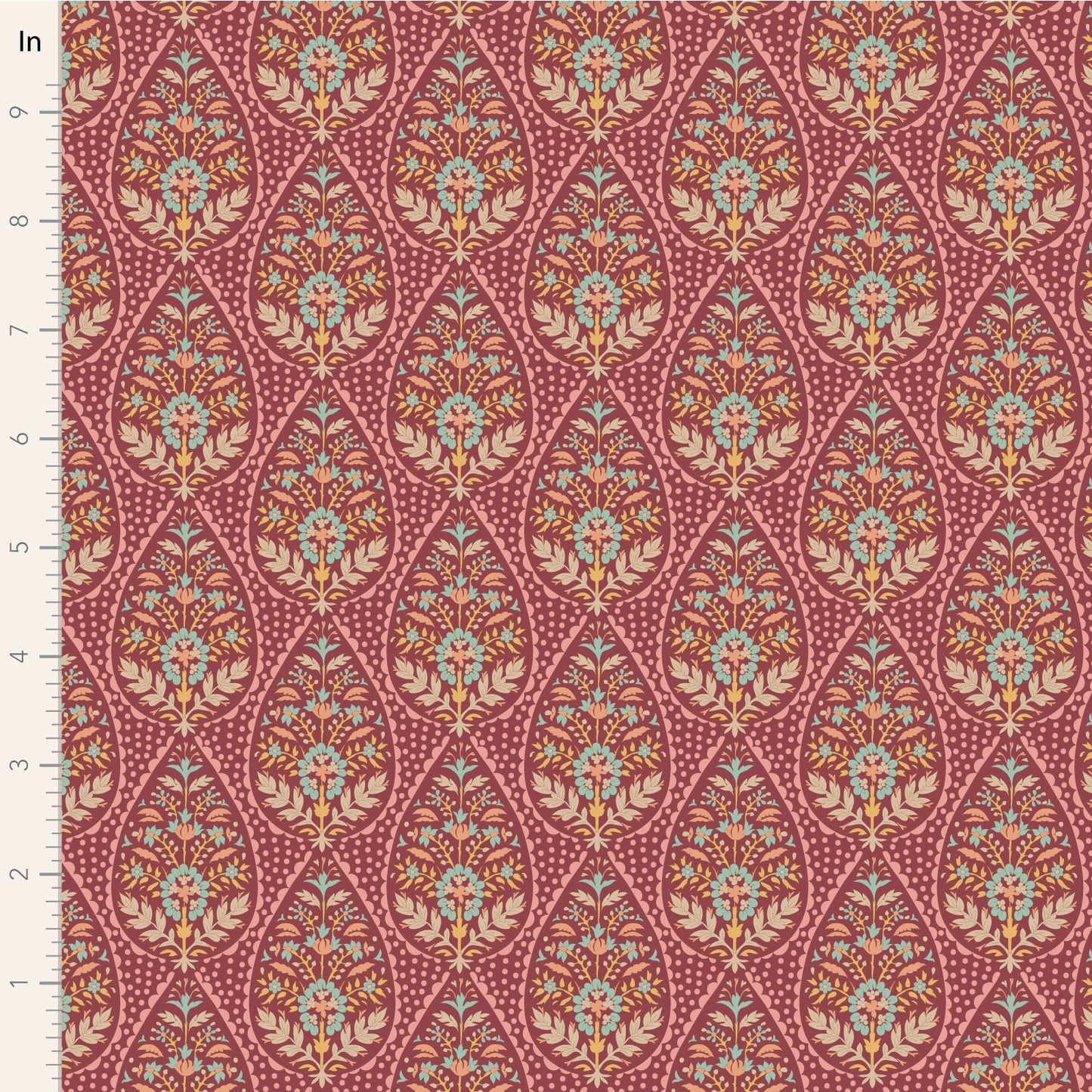 A yardage sample of Tilda Sanctuary Adina Maroon fabric featuring a floral and geometric pattern in a maroon color palette.
Photo by Tildafabrics.com [image_link]