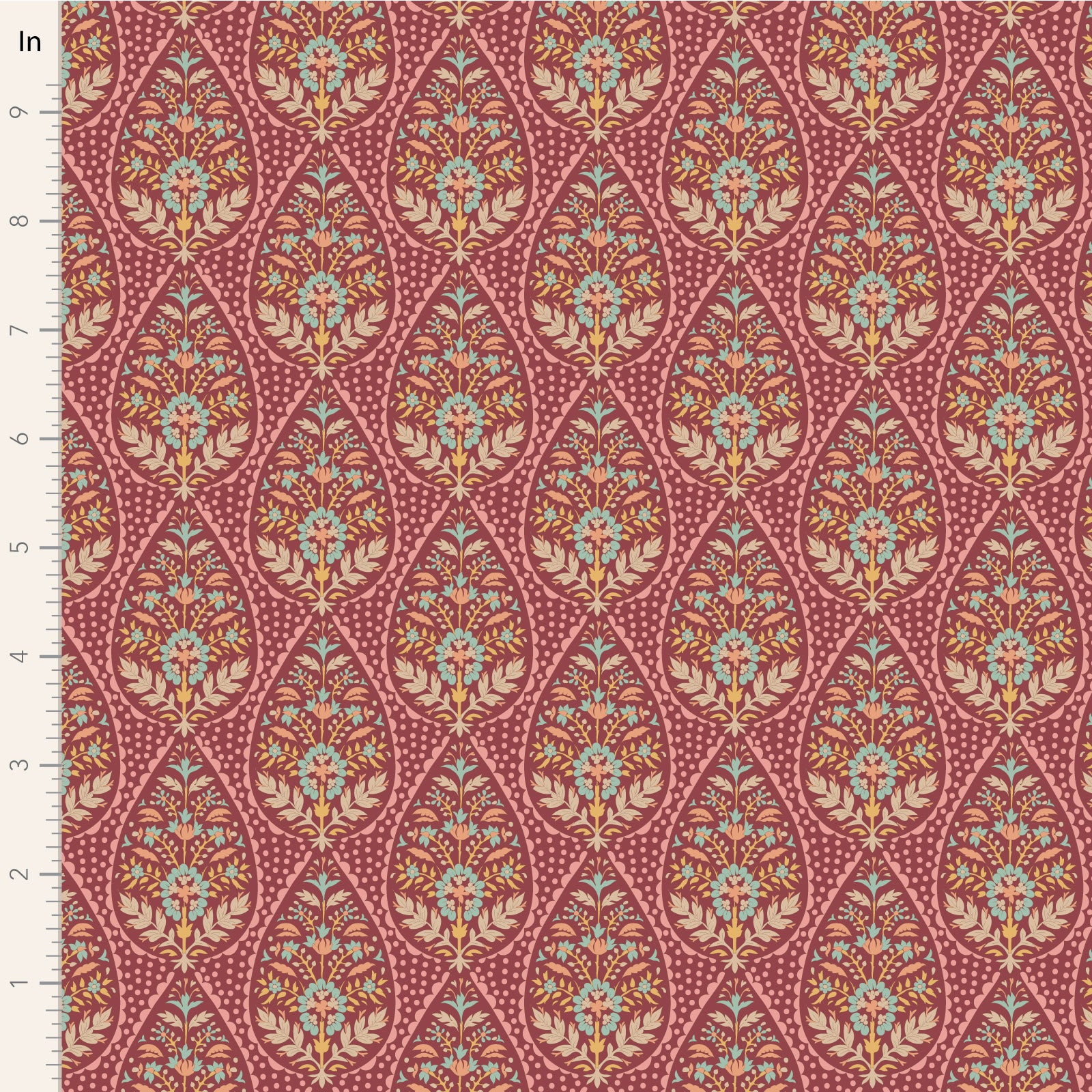A yardage sample of Tilda Sanctuary Adina Maroon fabric featuring a floral and geometric pattern in a maroon color palette.
Photo by Tildafabrics.com [image_link]