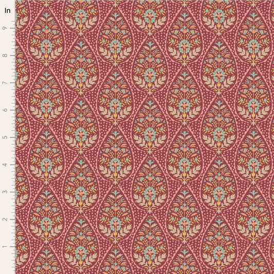 A yardage sample of Tilda Sanctuary Adina Maroon fabric featuring a floral and geometric pattern in a maroon color palette.
Photo by Tildafabrics.com [image_link]