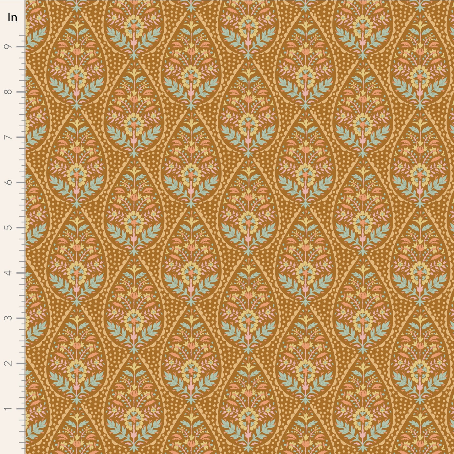 Yardage of Tilda Sanctuary Adina Ochre fabric featuring a floral and ornamental pattern on a mustard yellow background.
Photo by Tildafabrics.com [image_link]