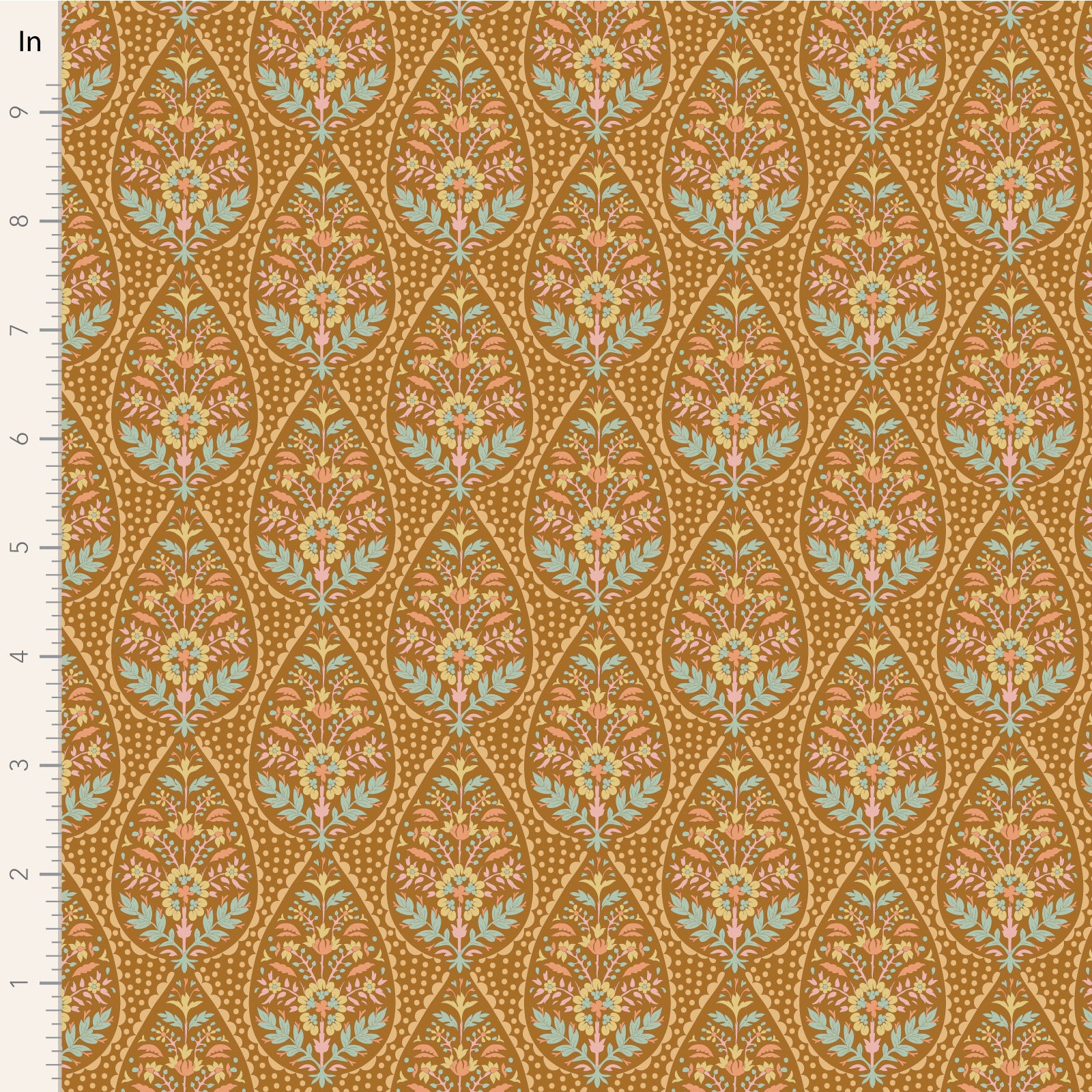 Yardage of Tilda Sanctuary Adina Ochre fabric featuring a floral and ornamental pattern on a mustard yellow background.
Photo by Tildafabrics.com [image_link]