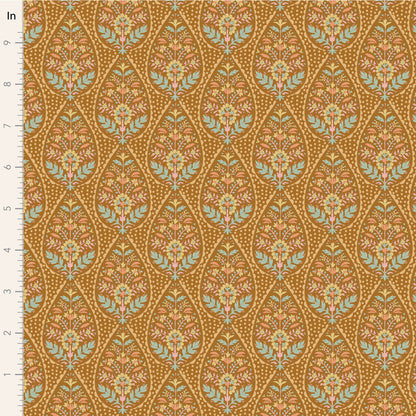 Yardage of Tilda Sanctuary Adina Ochre fabric featuring a floral and ornamental pattern on a mustard yellow background.
Photo by Tildafabrics.com [image_link]