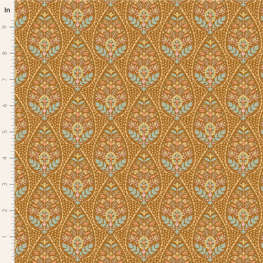 Yardage of Tilda Sanctuary Adina Ochre fabric featuring a floral and ornamental pattern on a mustard yellow background.
Photo by Tildafabrics.com [image_link]