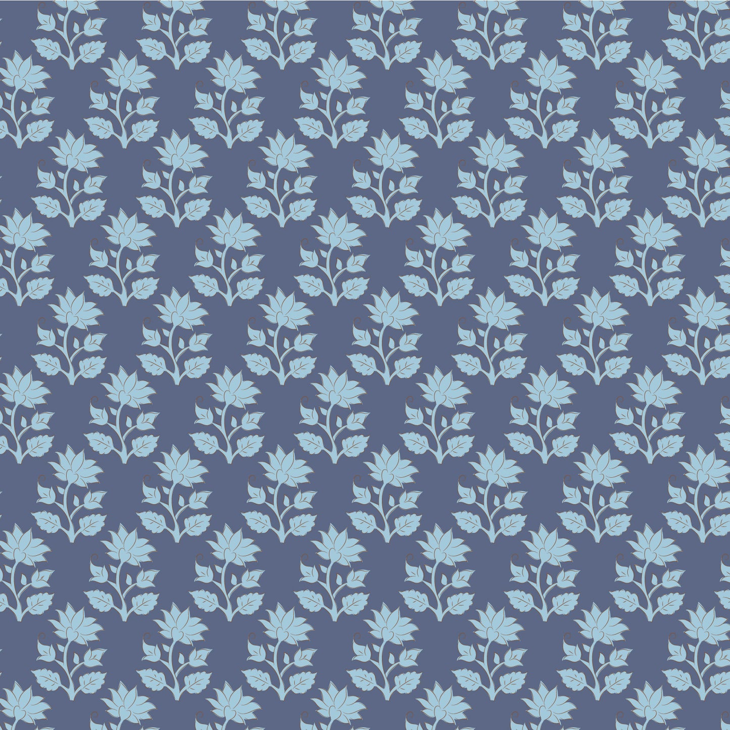 A repeating floral pattern featuring light blue botanical motifs on a muted slate blue background.
Photo by Tildafabrics.com [image_link]