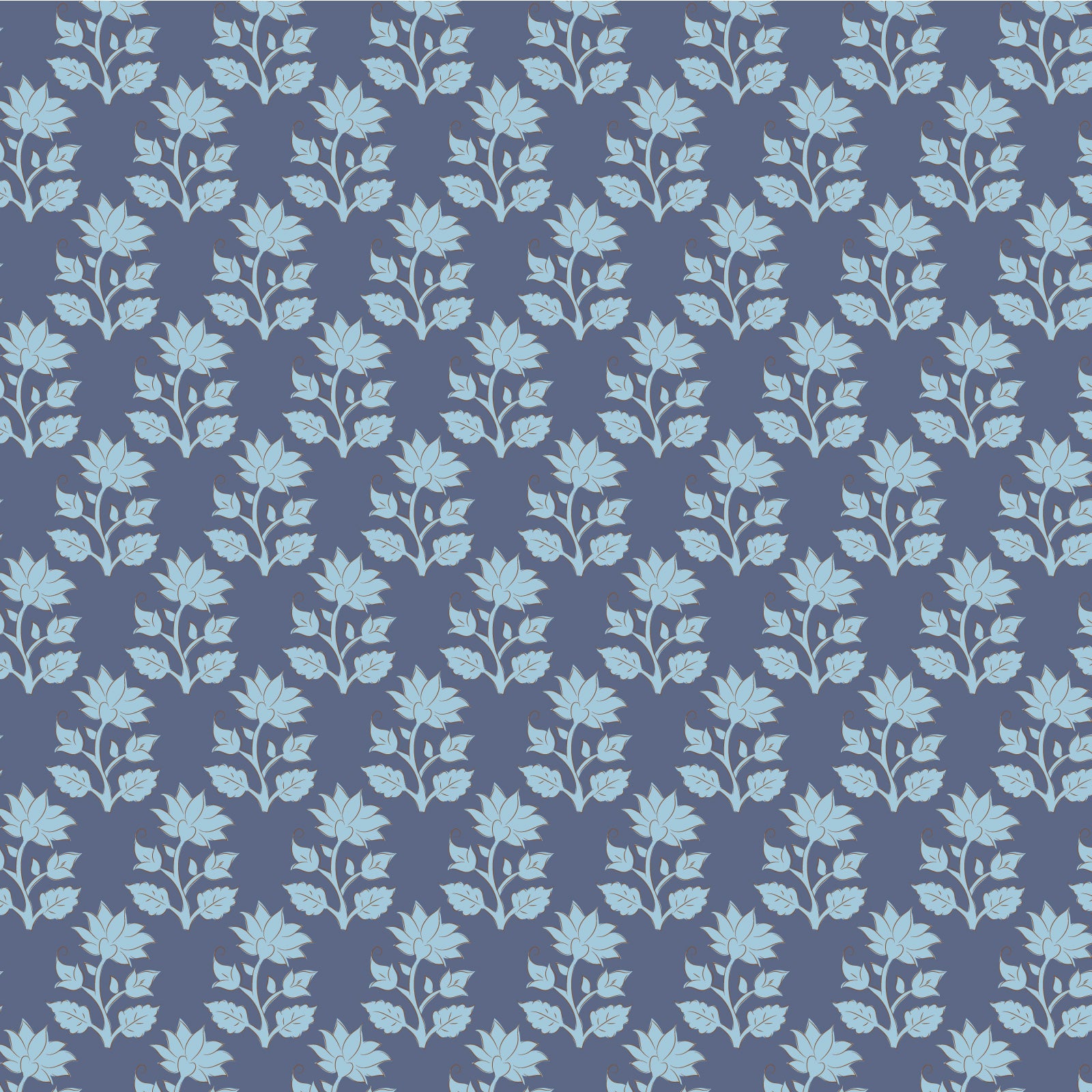 A repeating floral pattern featuring light blue botanical motifs on a muted slate blue background.
Photo by Tildafabrics.com [image_link]