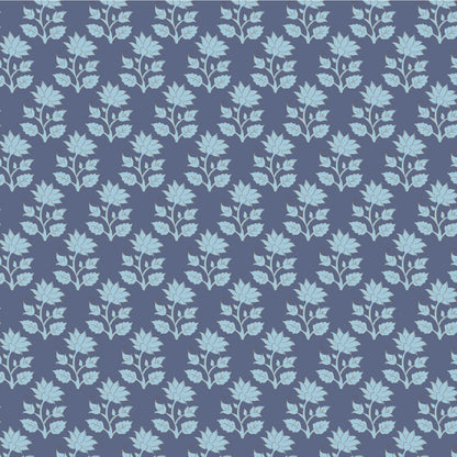 A repeating floral pattern featuring light blue botanical motifs on a muted slate blue background.
Photo by Tildafabrics.com [image_link]