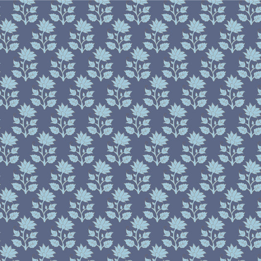 A repeating floral pattern featuring light blue botanical motifs on a muted slate blue background.
Photo by Tildafabrics.com [image_link]