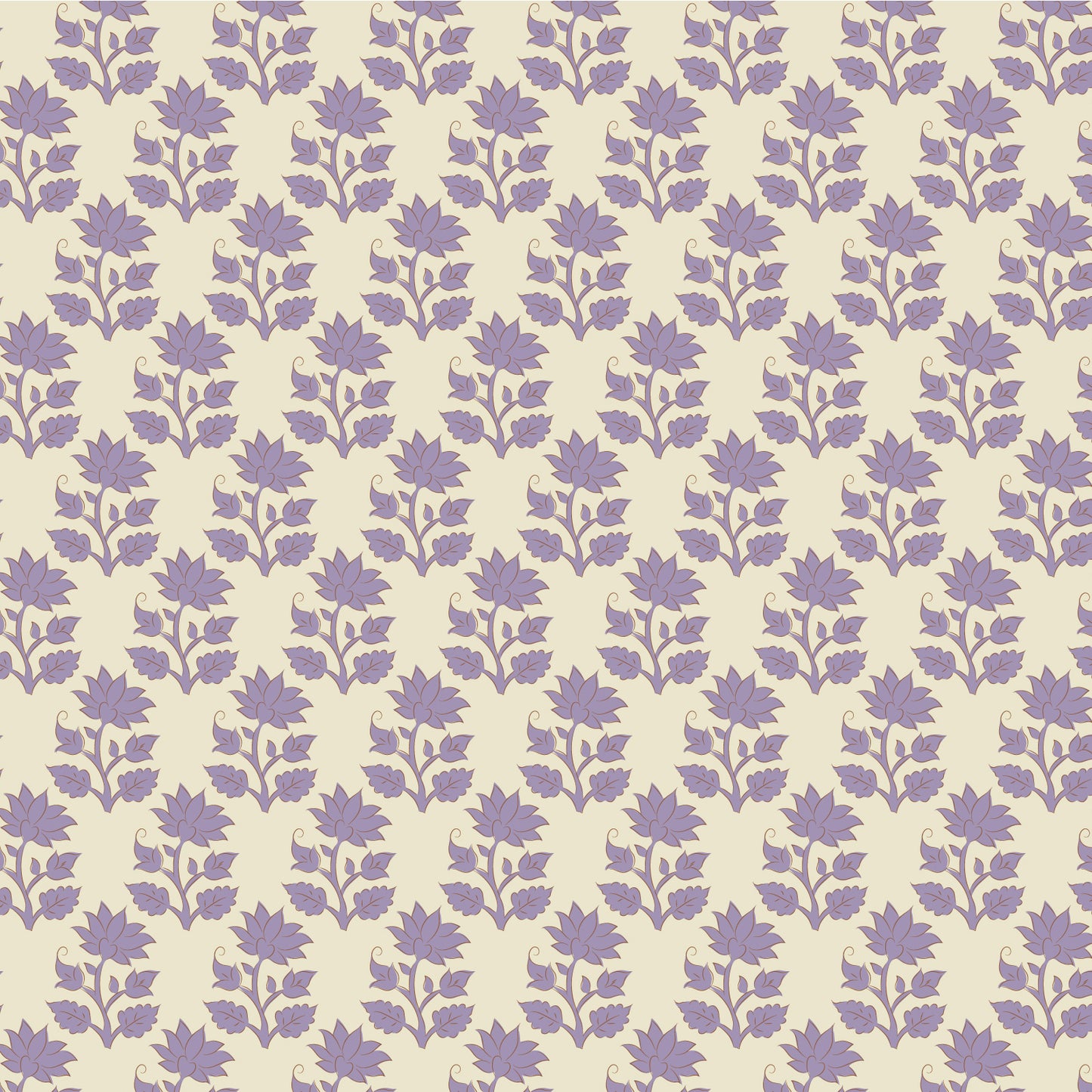 A repeating floral pattern featuring purple flowers and stems and clusters on a warm cream background.
Photo by Tildafabrics.com [image_link]