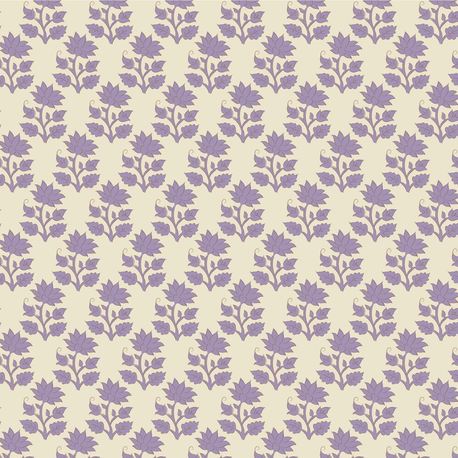 A repeating floral pattern featuring purple flowers and stems and clusters on a warm cream background.
Photo by Tildafabrics.com [image_link]