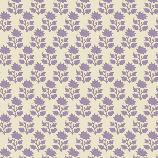A repeating floral pattern featuring purple flowers and stems and clusters on a warm cream background.
Photo by Tildafabrics.com [image_link]