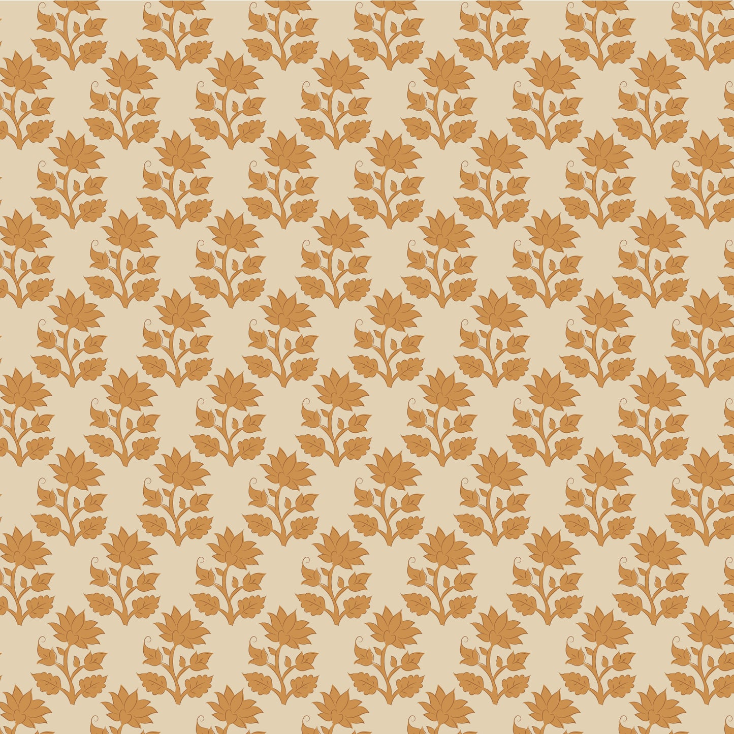 A repeating pattern of warm orange flowers and leaf stems on a light beige background.
Photo by Tildafabrics.com [image_link]