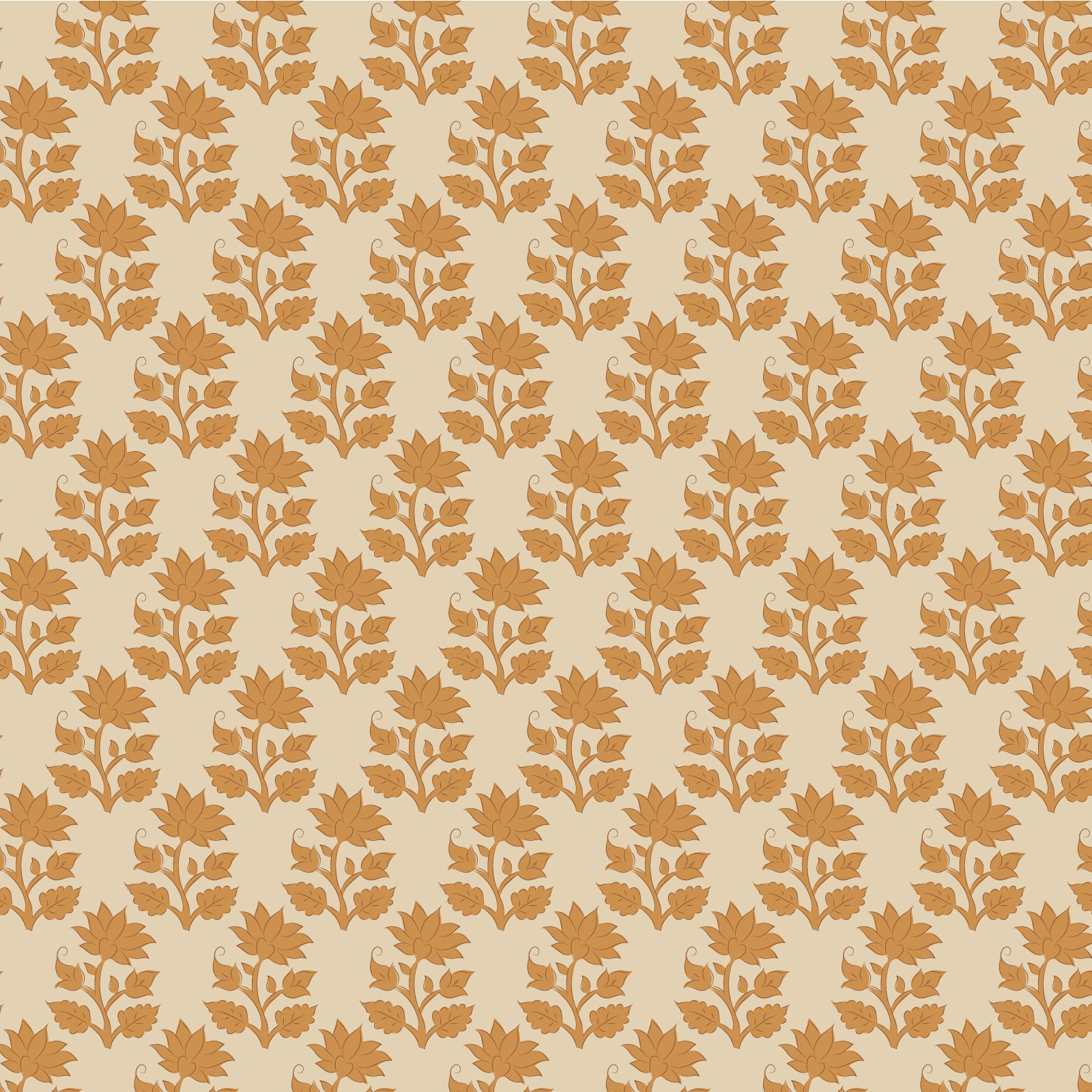 A repeating pattern of warm orange flowers and leaf stems on a light beige background.
Photo by Tildafabrics.com [image_link]