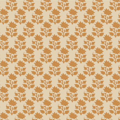 A repeating pattern of warm orange flowers and leaf stems on a light beige background.
Photo by Tildafabrics.com [image_link]