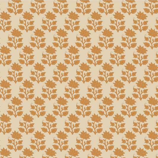 A repeating pattern of warm orange flowers and leaf stems on a light beige background.
Photo by Tildafabrics.com [image_link]
