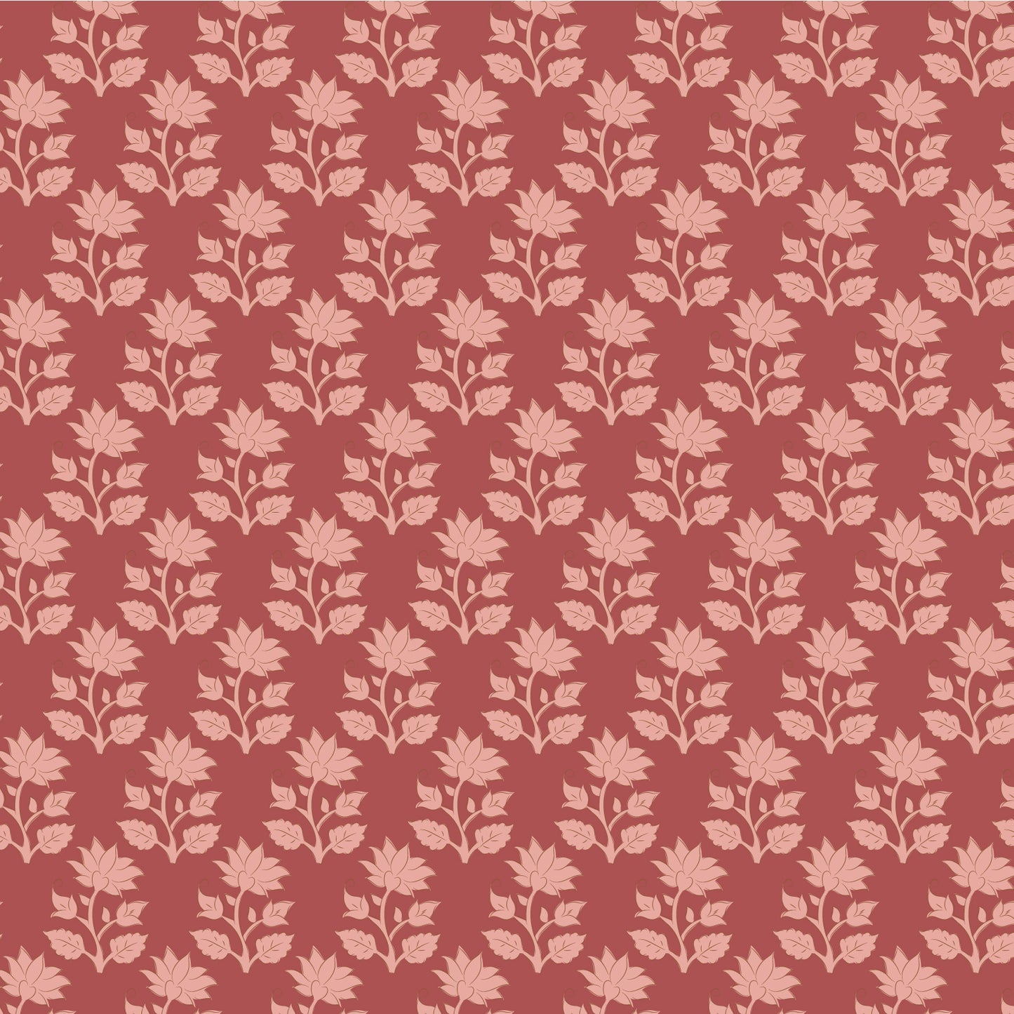 A repeating floral pattern featuring pale pink maple leaf and vine motifs on a muted terracotta red background.
Photo by Tildafabrics.com [image_link]