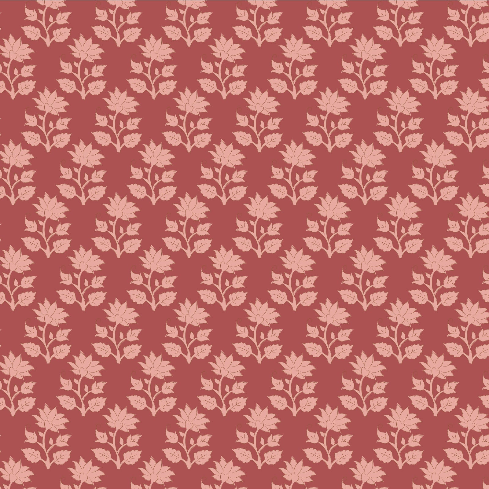 A repeating floral pattern featuring pale pink maple leaf and vine motifs on a muted terracotta red background.
Photo by Tildafabrics.com [image_link]