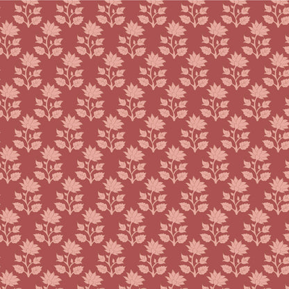 A repeating floral pattern featuring pale pink maple leaf and vine motifs on a muted terracotta red background.
Photo by Tildafabrics.com [image_link]