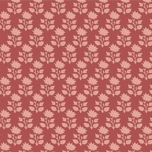A repeating floral pattern featuring pale pink maple leaf and vine motifs on a muted terracotta red background.
Photo by Tildafabrics.com [image_link]