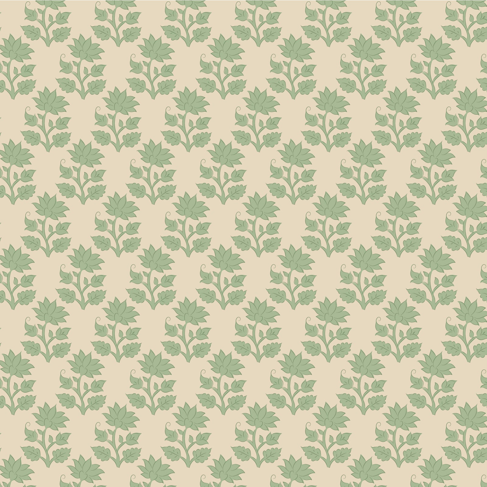 A repeating pattern of light green maple leaf stems on a warm beige background, filling the entire frame.
Photo by Tildafabrics.com [image_link]