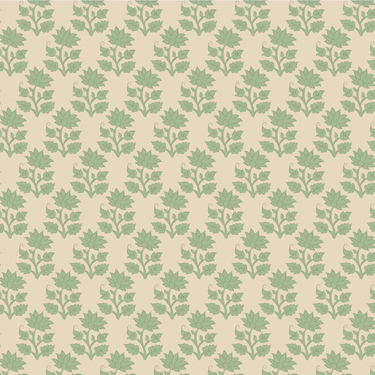 A repeating pattern of light green maple leaf stems on a warm beige background, filling the entire frame.
Photo by Tildafabrics.com [image_link]