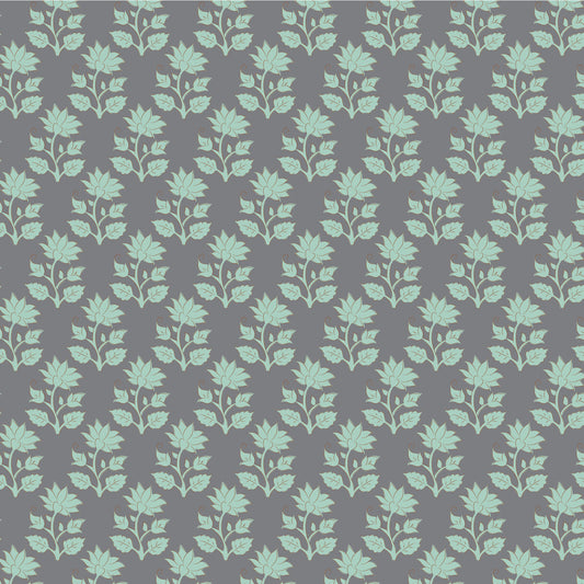 A slate-colored cotton fabric with a floral and geometric pattern, part of the Tilda Sanctuary Blenders Mira Slate yardage collection.
Photo by Tildafabrics.com [image_link]