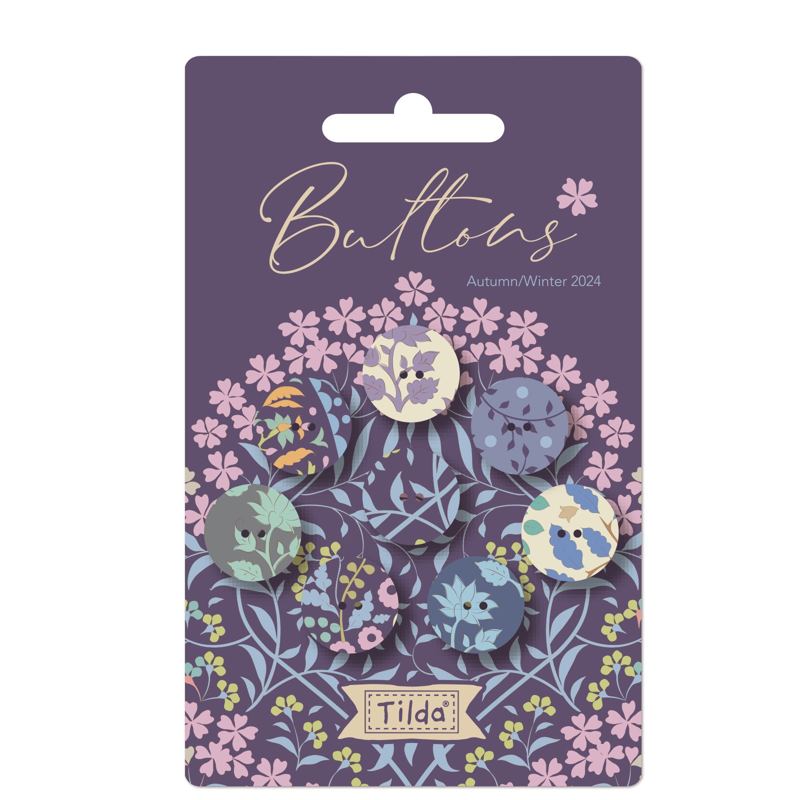 Pack of Tilda Sanctuary fabric covered buttons in various shades of blue, featuring floral and geometric patterns.
Photo by Tildafabrics.com [image_link]