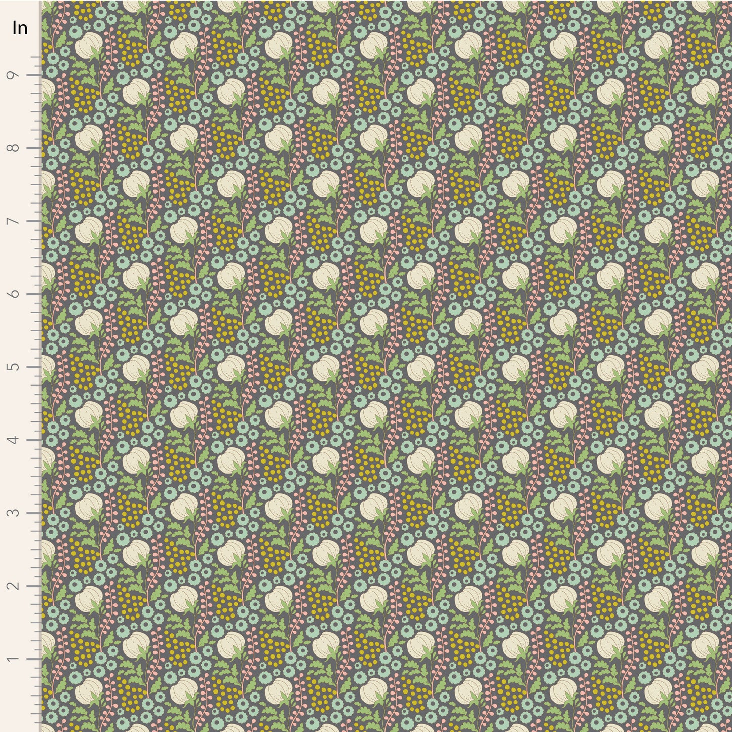 A close-up of a patterned fabric with a repeating floral and geometric design in muted green, dusty pink, mustard yellow, and off-white. A white measurement ruler with inch markings is visible along the left edge.
Photo by Tildafabrics.com [image_link]