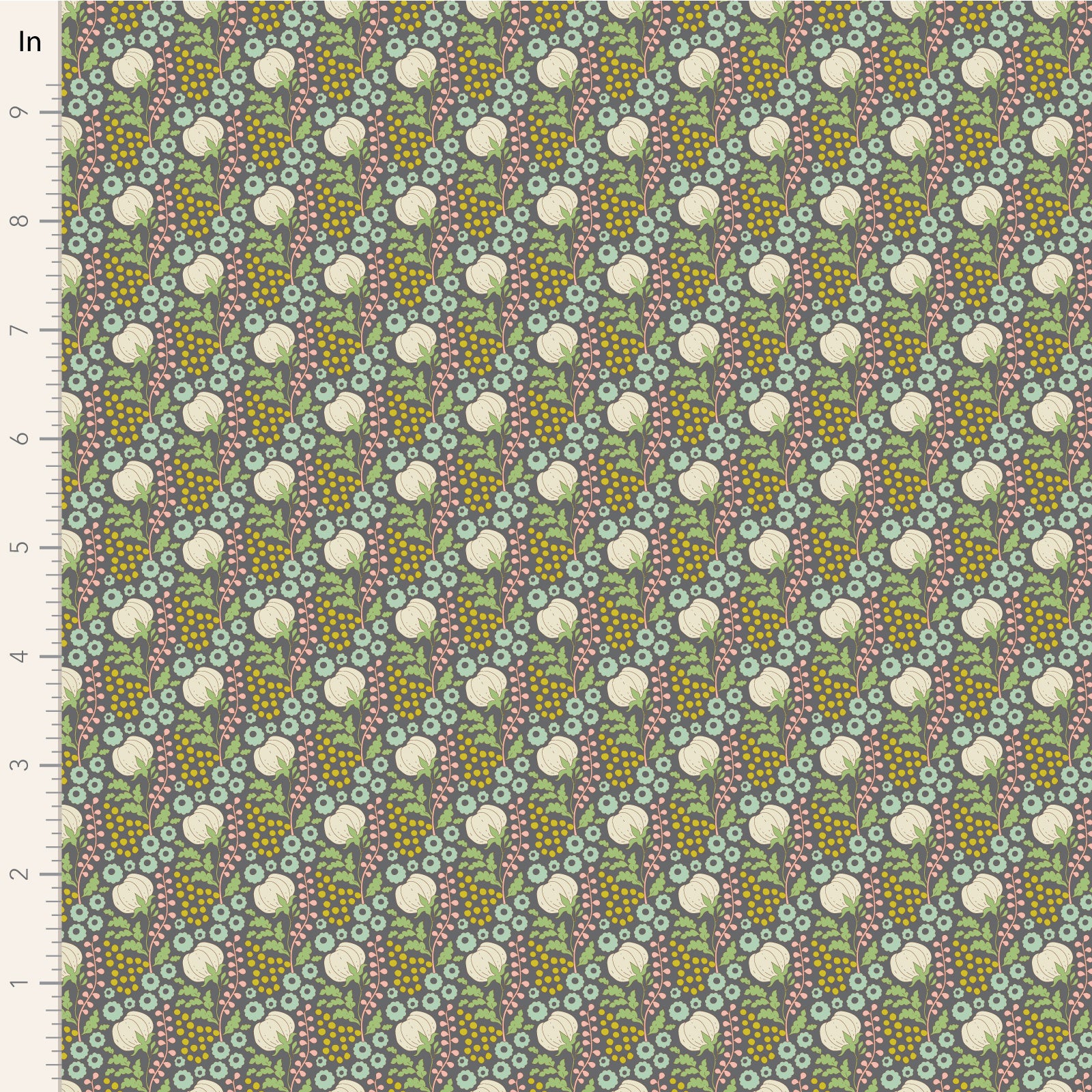 A close-up of a patterned fabric with a repeating floral and geometric design in muted green, dusty pink, mustard yellow, and off-white. A white measurement ruler with inch markings is visible along the left edge.
Photo by Tildafabrics.com [image_link]