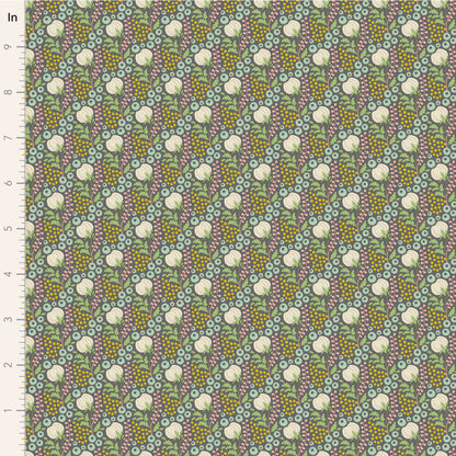 A close-up of a patterned fabric with a repeating floral and geometric design in muted green, dusty pink, mustard yellow, and off-white. A white measurement ruler with inch markings is visible along the left edge.
Photo by Tildafabrics.com [image_link]
