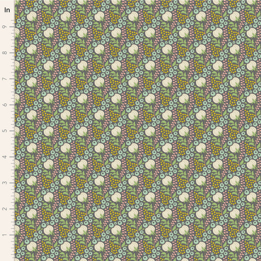 A close-up of a patterned fabric with a repeating floral and geometric design in muted green, dusty pink, mustard yellow, and off-white. A white measurement ruler with inch markings is visible along the left edge.
Photo by Tildafabrics.com [image_link]