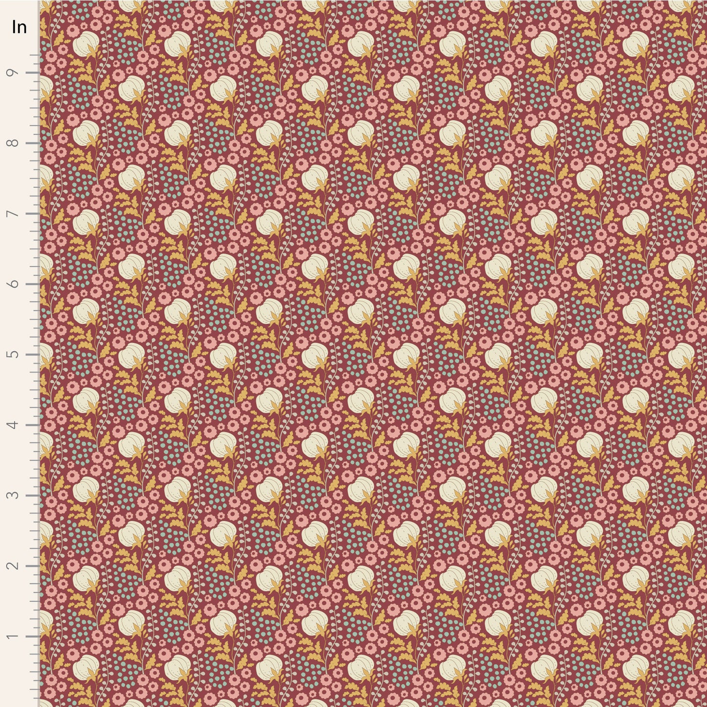 A close-up of a patterned fabric with a ruler scale on the left side. The fabric features a repeating motif of white cotton boll illustrations on a dusty rose background with small pink and yellow floral details.
Photo by Tildafabrics.com [image_link]