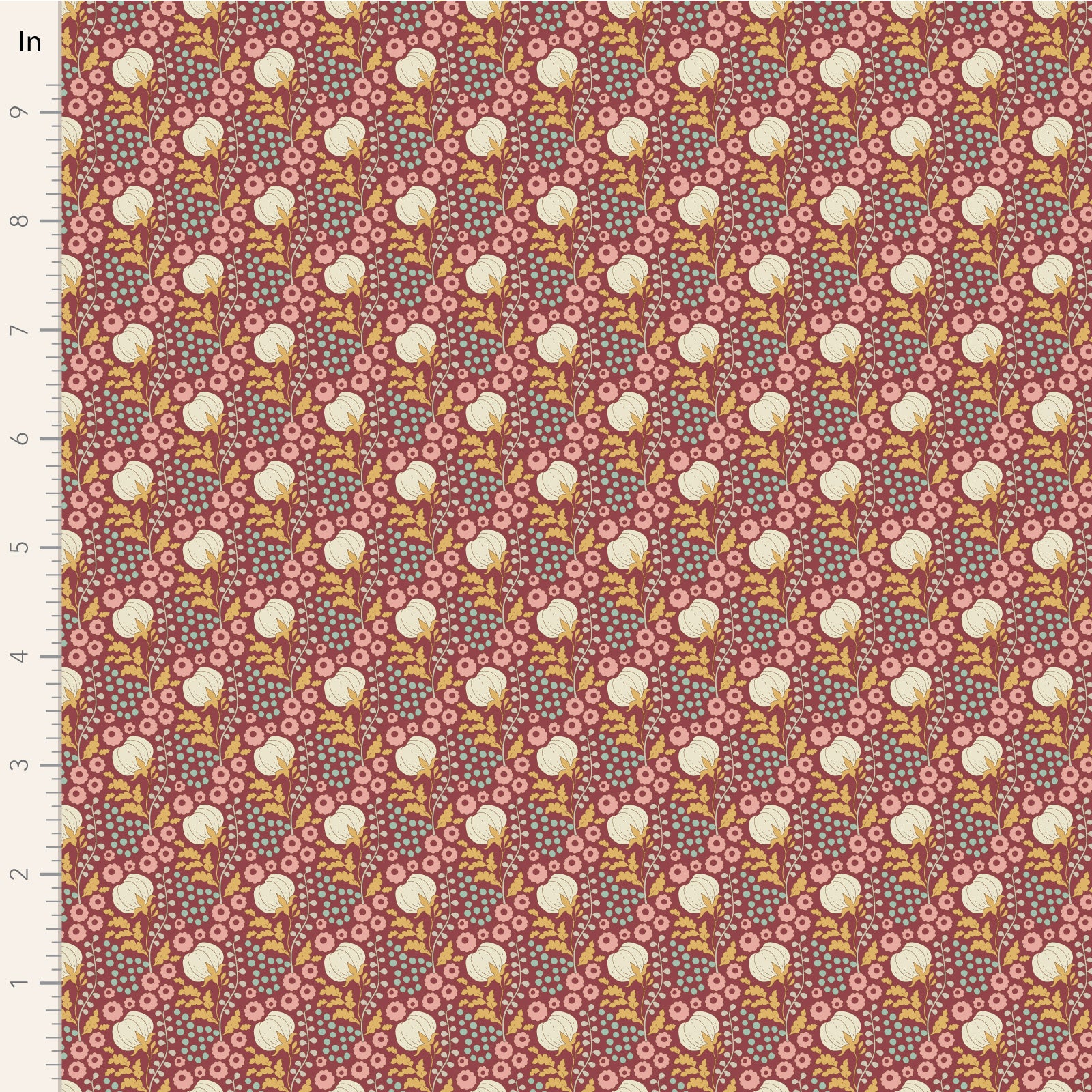 A close-up of a patterned fabric with a ruler scale on the left side. The fabric features a repeating motif of white cotton boll illustrations on a dusty rose background with small pink and yellow floral details.
Photo by Tildafabrics.com [image_link]