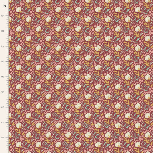 A close-up of a patterned fabric with a ruler scale on the left side. The fabric features a repeating motif of white cotton boll illustrations on a dusty rose background with small pink and yellow floral details.
Photo by Tildafabrics.com [image_link]