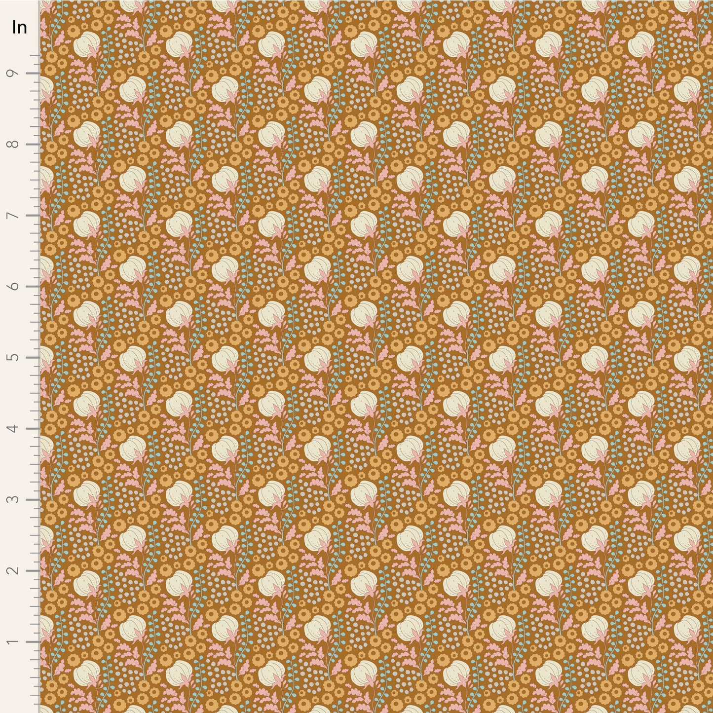 A close-up of a patterned fabric sample with a repeating floral design on a warm mustard background. The pattern includes cream flowers, pink leaves, and small blue-green dots, with a white measurement ruler along the left edge marked in inches.
Photo by Tildafabrics.com [image_link]