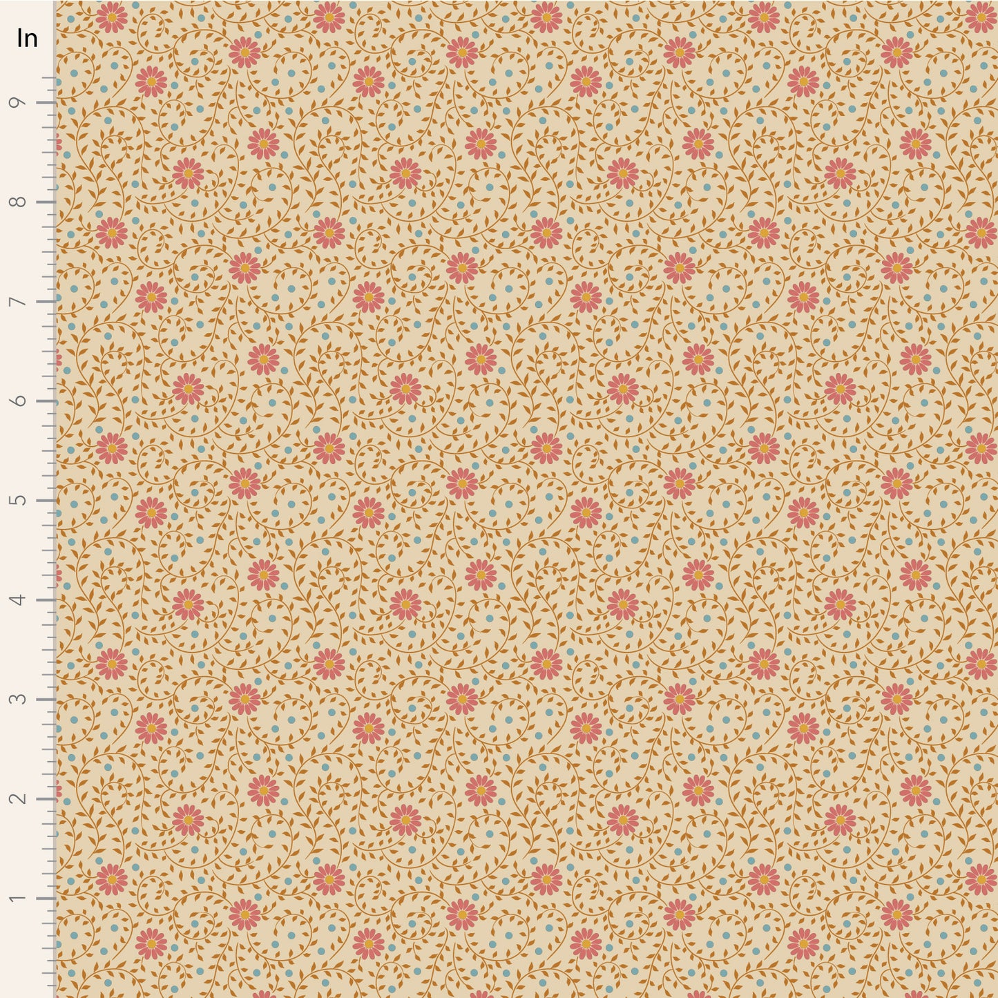 A close-up of a fabric pattern with a warm beige background, small coral-pink floral motifs, and fine brown and light blue leafy details. A vertical ruler marked in inches appears along the left edge.
Photo by Tildafabrics.com [image_link]
