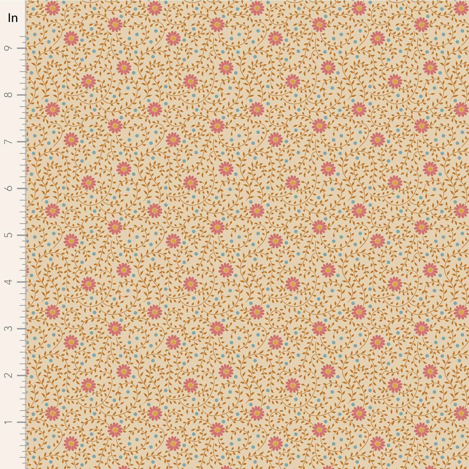 A close-up of a fabric pattern with a warm beige background, small coral-pink floral motifs, and fine brown and light blue leafy details. A vertical ruler marked in inches appears along the left edge.
Photo by Tildafabrics.com [image_link]