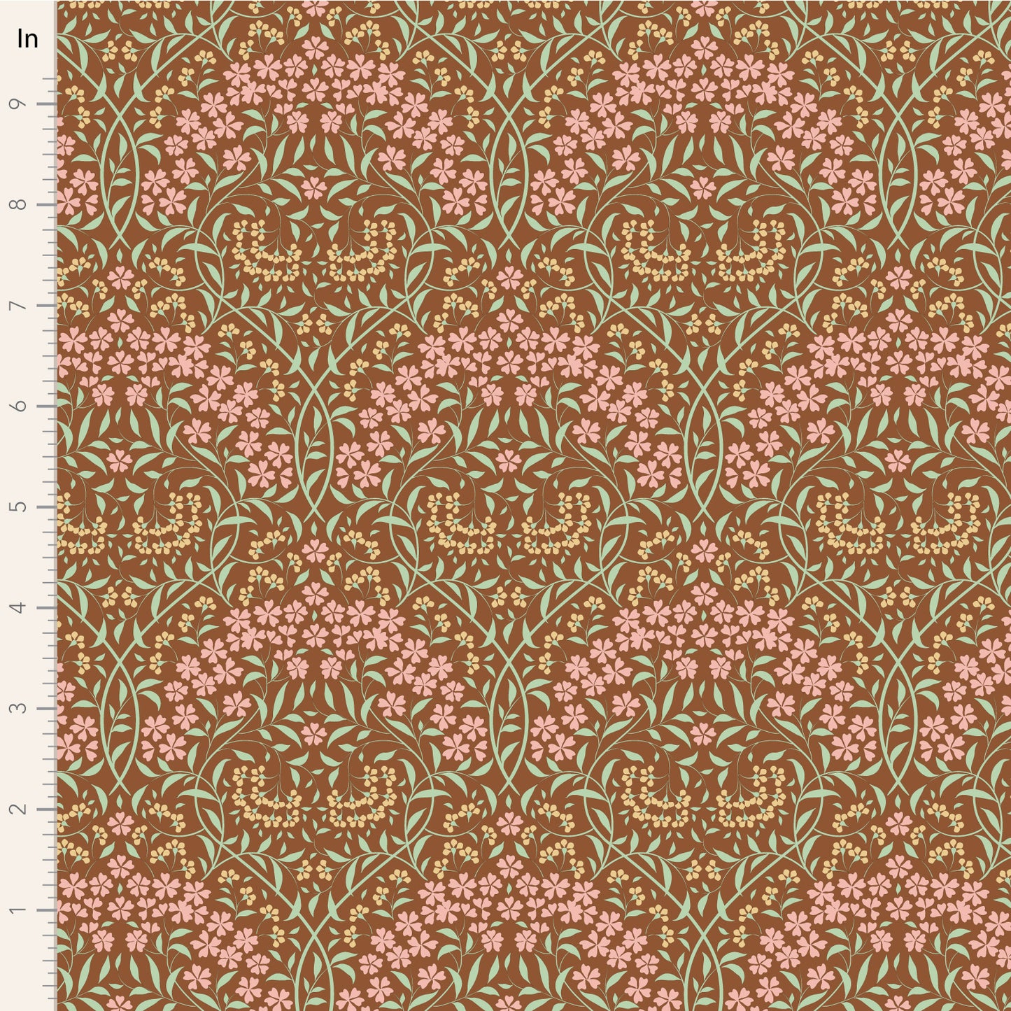 A close-up of a fabric pattern with a repeating floral design on a warm brown background. The pattern features pink flowers, light green leaves, and small gold accents.
Photo by Tildafabrics.com [image_link]