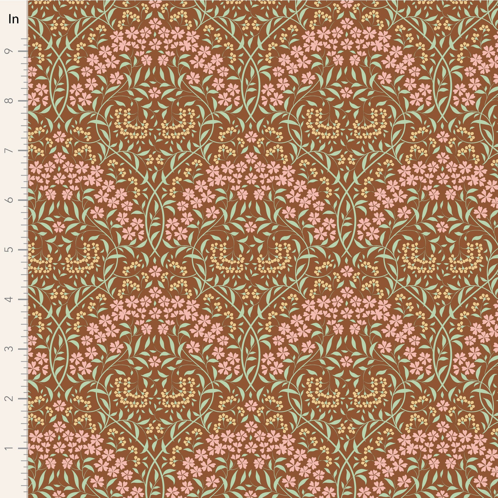 A close-up of a fabric pattern with a repeating floral design on a warm brown background. The pattern features pink flowers, light green leaves, and small gold accents.
Photo by Tildafabrics.com [image_link]