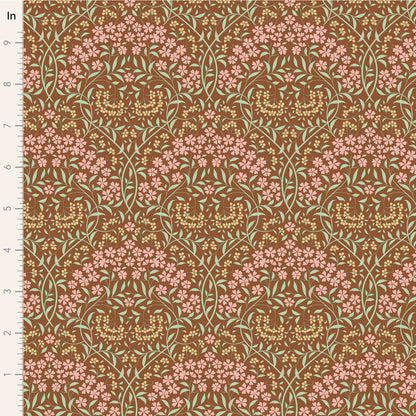 A close-up of a fabric pattern with a repeating floral design on a warm brown background. The pattern features pink flowers, light green leaves, and small gold accents.
Photo by Tildafabrics.com [image_link]