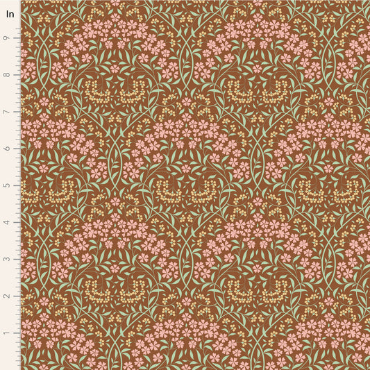 A close-up of a fabric pattern with a repeating floral design on a warm brown background. The pattern features pink flowers, light green leaves, and small gold accents.
Photo by Tildafabrics.com [image_link]