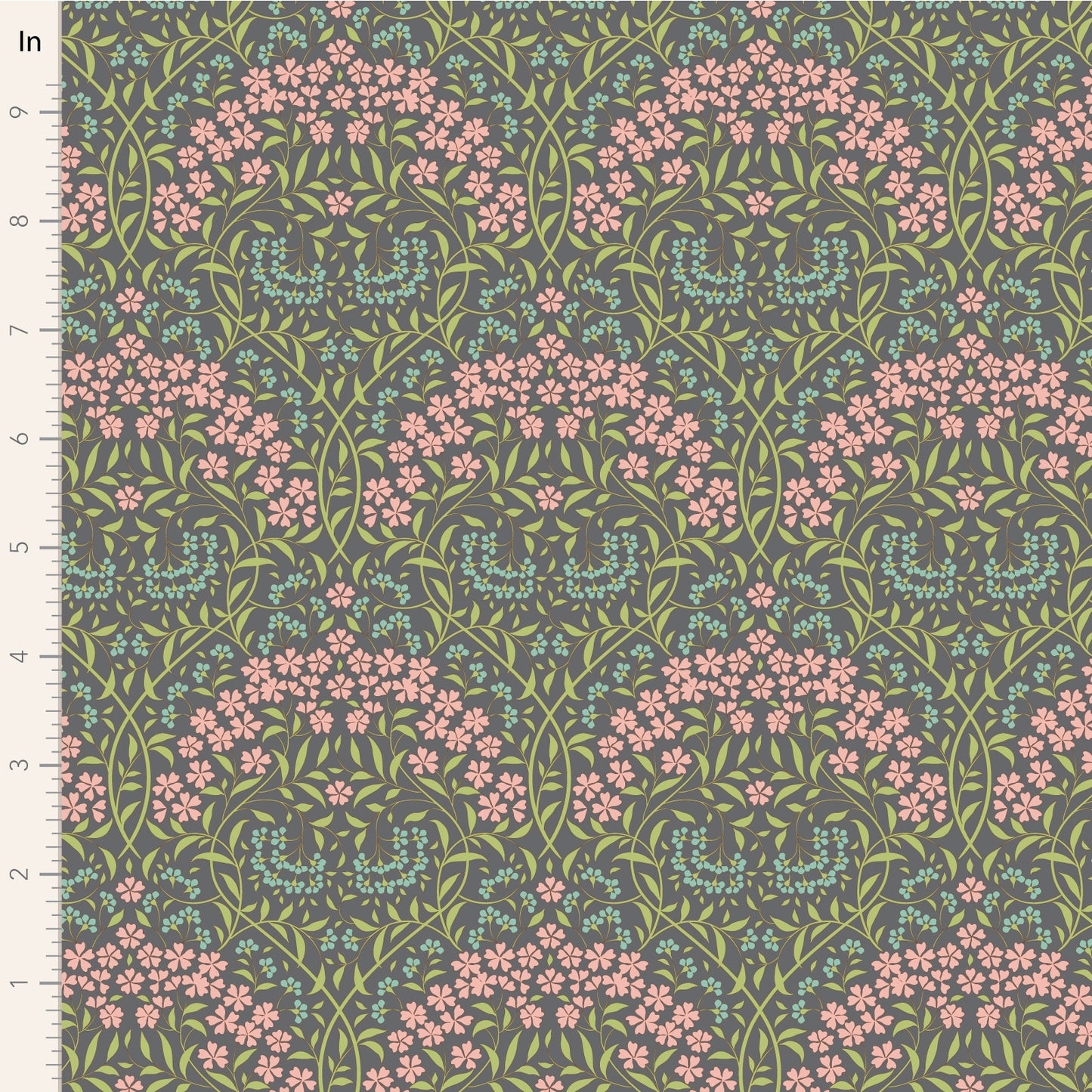 A close-up of a fabric pattern with a repeating floral design in pink, light blue, and olive green on a dark gray background, with a white ruler along the left edge showing measurements in inches.
Photo by Tildafabrics.com [image_link]