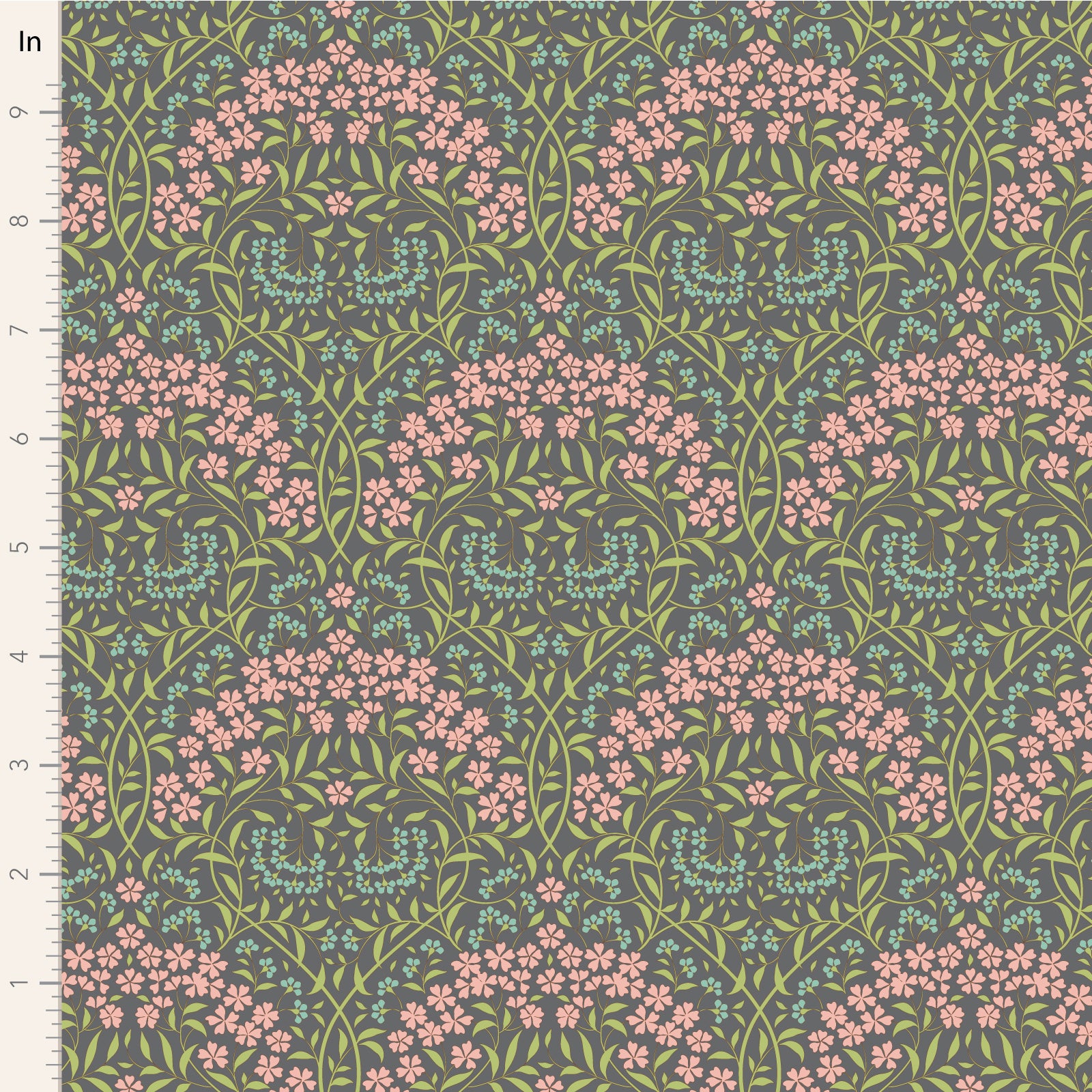 A close-up of a fabric pattern with a repeating floral design in pink, light blue, and olive green on a dark gray background, with a white ruler along the left edge showing measurements in inches.
Photo by Tildafabrics.com [image_link]
