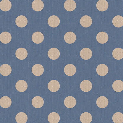 A repeating pattern of large beige polka dots on a textured medium blue fabric background.
Photo by Tildafabrics.com [additional_image_link]