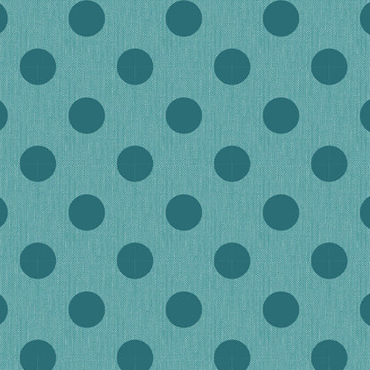 A repeating pattern of dark teal polka dots on a textured teal fabric background.
Photo by Tildafabrics.com [additional_image_link]
