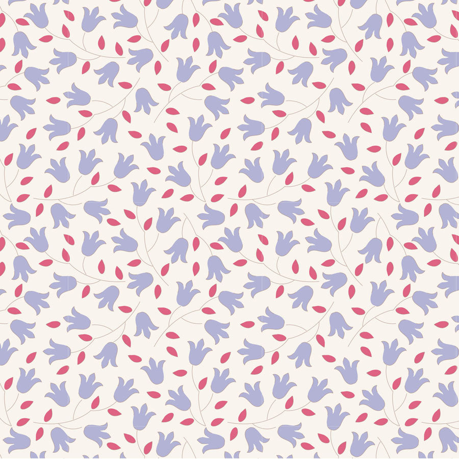 Pattern of blue  bell shaped flowers and red leaves on a white background.
Photo by Tildafabrics.com [image_link]