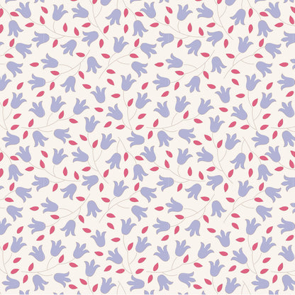 Pattern of blue  bell shaped flowers and red leaves on a white background.
Photo by Tildafabrics.com [image_link]